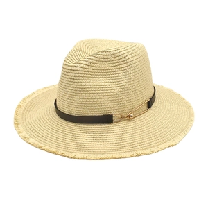 Classic beige straw fedora sun hat with brown belt and fringe brim for summer