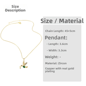 Detail view of colorful crystal hummingbird necklace with 45+5cm chain size specs