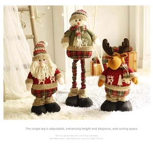 Detail of telescopic Christmas plush toys with plaid accents and fur trim for home decor