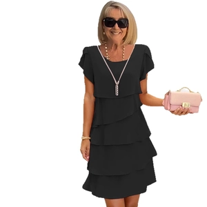 Women's summer black tiered short sleeve dress with classic crew neck and loose fit