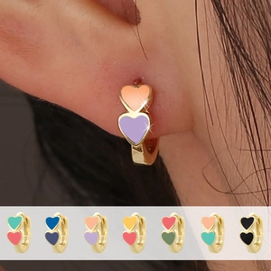 Chic 14K gold plated S925 silver double heart enamel hoop earrings for women style