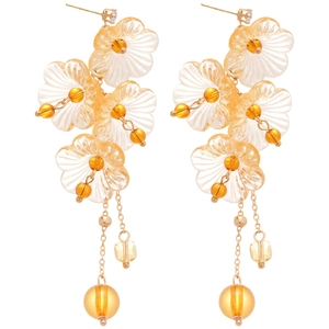Elegant floral resin drop earrings with gold chain tassels and amber crystal beads