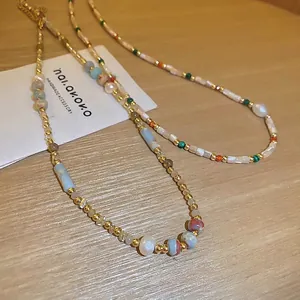 Handmade vintage colorful natural stone beaded necklace with pearls and gold metal beads