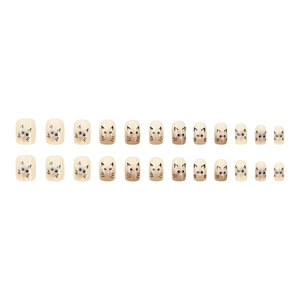 Cute Siamese cat pattern press-on nails with brown gradient finish, 24 pieces set