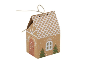 Detailed view of gingerbread house shaped kraft paper gift box with snow pattern and jute rope