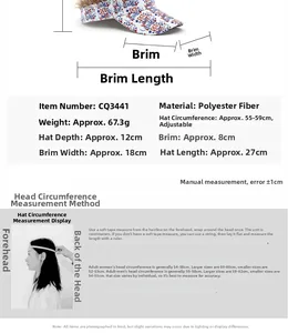 Size guide for funny wig baseball cap showing measurements and polyester material specs