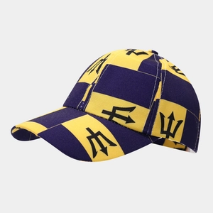 Close-up of yellow and blue checkered kids cap with black trident print and neat stitching