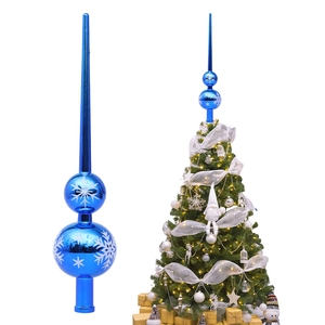 Blue double-ball Christmas tree topper with white snowflake pattern and finial tip