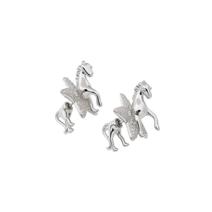 Silver Pegasus zircon earrings featuring a unique front-back split design and stud closure