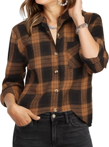 Detail of classic plaid shirt featuring a chest pocket and button-down collar closure