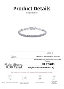 Detailed spec sheet for 925 silver tennis bracelet with 0.3ct moissanite stones