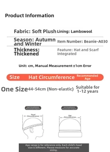 Size chart and specifications for plush winter hat featuring ear protection and scarf