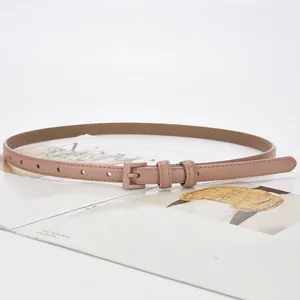 Elegant dusty pink genuine leather skinny belt for women with matte pin buckle