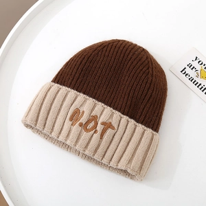 Close-up of dual-tone knit beanie with NOT embroidery and vertical ribbed texture