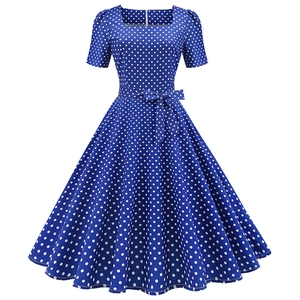 French vintage blue polka dot dress with square neck, puff sleeves and belted waist