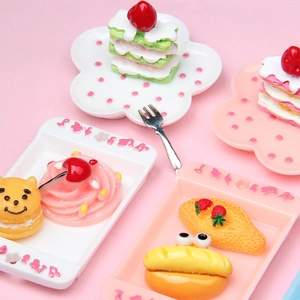 Miniature dollhouse tableware set with realistic strawberry cake and bread models
