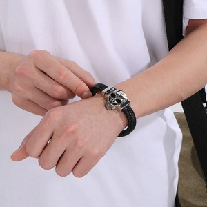 Punk braided leather wolf head and skull bracelet for men with silver steel clasp