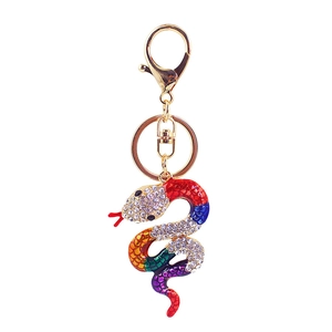 Colorful rhinestone snake keychain with vibrant enamel finish and golden lobster clasp