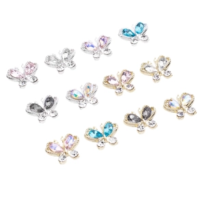 3D alloy butterfly nail charms with colorful rhinestones in gold and silver base