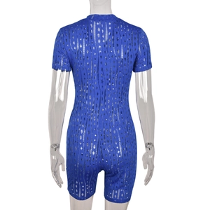 Back view of blue short sleeve mesh jumpsuit with hollow knit texture and slim fit