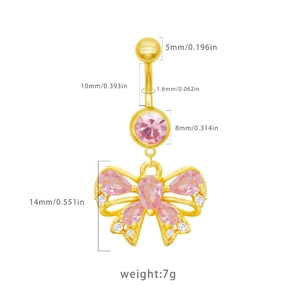 Detailed dimensions of gold butterfly belly ring with pink crystals and 10mm curved bar