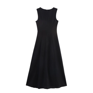 Back view of a black sleeveless A-line maxi dress with an invisible center zipper