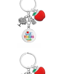 Detail of teacher keychain with tree, owl, enamel apple and Best Teacher Ever charm