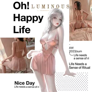 Elegant pink lace sexy lingerie set with halter neck and backless sheer babydoll dress