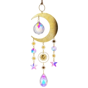 Brass moon and sun crystal suncatcher with iridescent prism drops for window decor