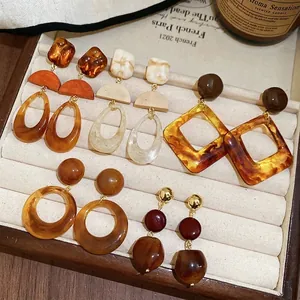 Geometric Resin Wood Drop Earrings With 925 Sterling Silver Earring Post Vintage Maillard Style Hollow Out Jewelry For Women