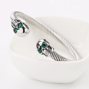 Silver stainless steel twisted cable C-shape skull cuff bracelet with green crystal eyes