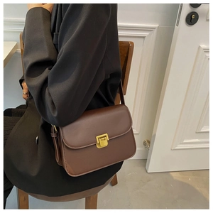 Dettaglio di una borsa a tracolla in pelle marrone scuro con fibbia in metallo dorato