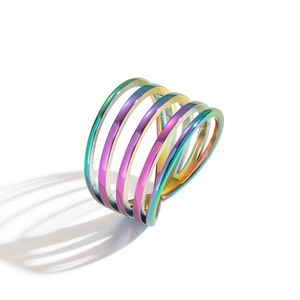 Dettaglio macro dell'anello multistrato arcobaleno in acciaio inox con design traforato
