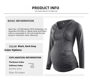 Detail view of maternity hoodie with ruched sides for comfort and slim V-neck design