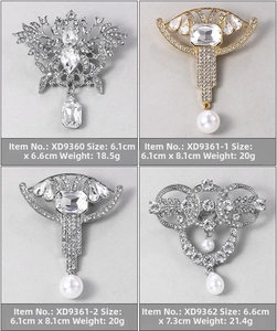 Detailed view of four vintage brooch styles with rhinestones and faux pearls