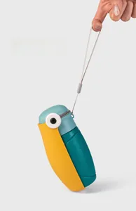 Portable pet water bottle with lanyard design, showing its lightweight and compact features