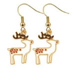 Detail view of festive reindeer alloy earrings with gold hooks and red enamel accents