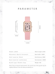 Detailed view of square pink leather watch with diamond bezel and full product dimensions