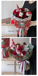 Detail of Christmas bouquet materials featuring red roses, cotton, and festive ornaments