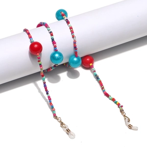 Colorful mixed bead eyewear chain with resin beads and silicone loops on a white background