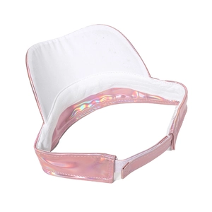 Detailed macro view of holographic pink visor cap with metallic finish and breathable lining