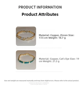 Detail view of gold-plated bracelets featuring cat eye stone and cubic zirconia specifications