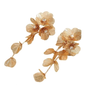 Elegant gold flower tassel drop earrings with sparkling rhinestones and brushed metal finish
