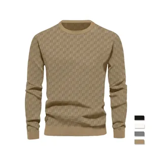Men's Crewneck Sweatshirt Jacquard Checkerboard Long Sleeve Polyester Spandex Casual Pullover Top