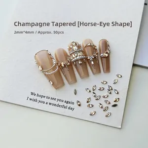 Detailed macro view of 50pcs champagne marquise rhinestones for nail art size 2mmx4mm