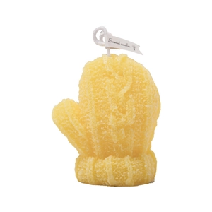 Yellow mitten-shaped scented candle with realistic knit texture for Christmas decoration
