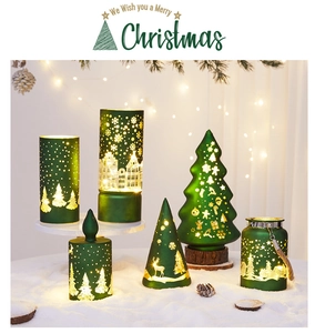 Green frosted glass Christmas LED ornaments with gold laser-engraved snowflake and elk patterns