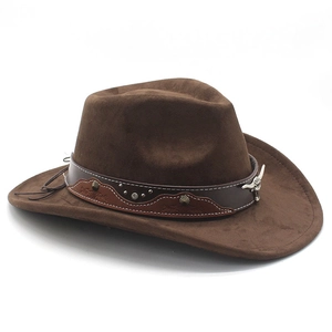 Classic dark brown western cowboy hat in faux suede with a vintage bull head metal pin