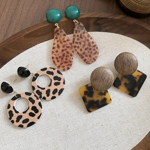 Vintage Geometric Drop Earrings With 925 Sterling Silver Earring Post Leopard Print Wood Acetate Resin For Women Retro