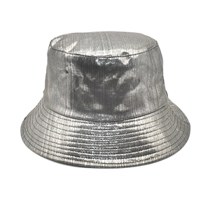 Close-up of metallic silver bucket hat showing vertical texture and rim stitching detail